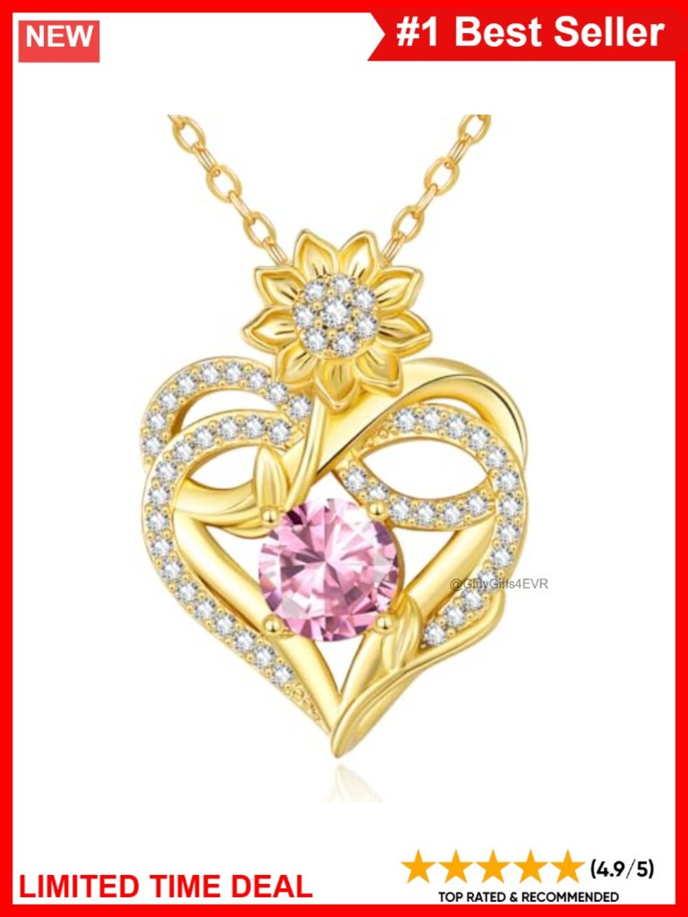 14K Gold Plated Sunflower Birthstone Pendant Necklace Infinity Heart